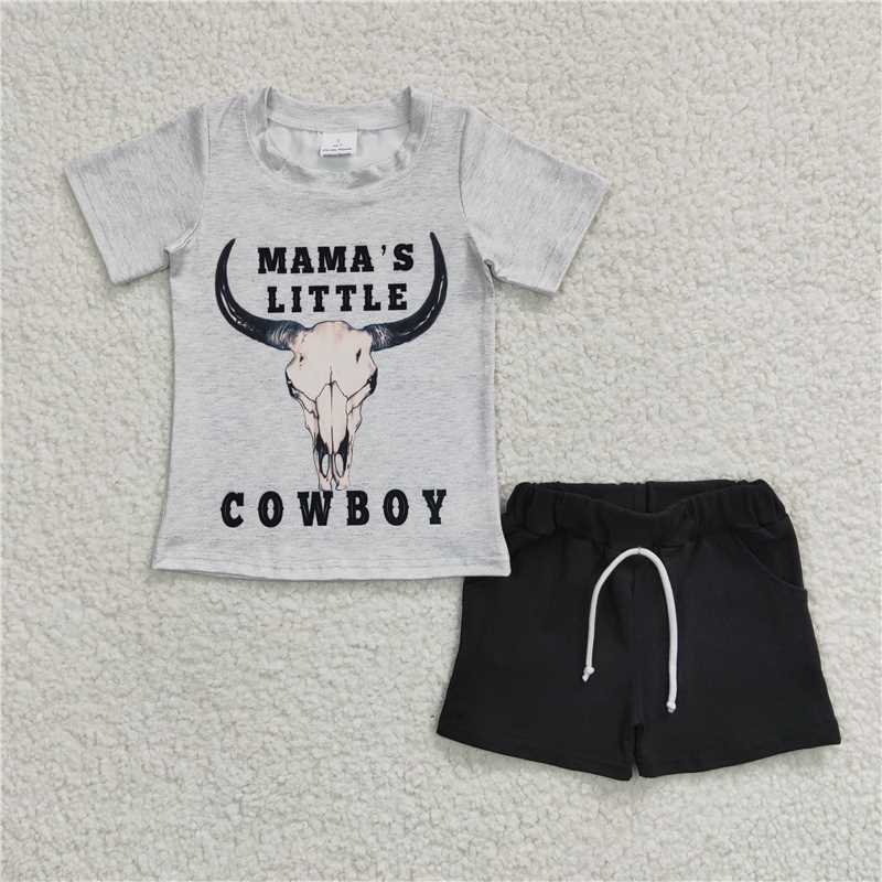 BSSO0192  Boys Cartoon Short Sleeve Black Shorts Set