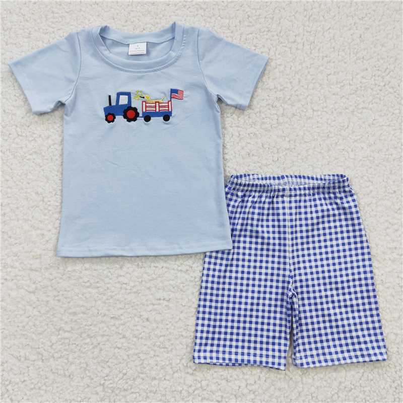 BSSO0195 Boys Embroidered Car Dog Blue Short Sleeve Shorts Set