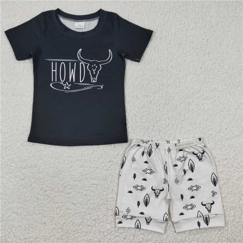 BSSO0213  Boys HOWDY Bull Head Black Short Sleeve Shorts Set