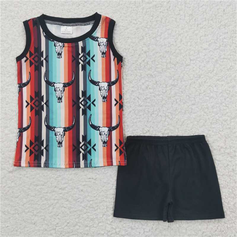 BSSO0216 Boys Bull Head Colorful Stripe Sleeveless Shorts Set