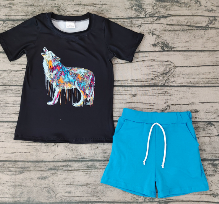 BSSO0219  Boys Black Short Sleeve Blue Shorts Set