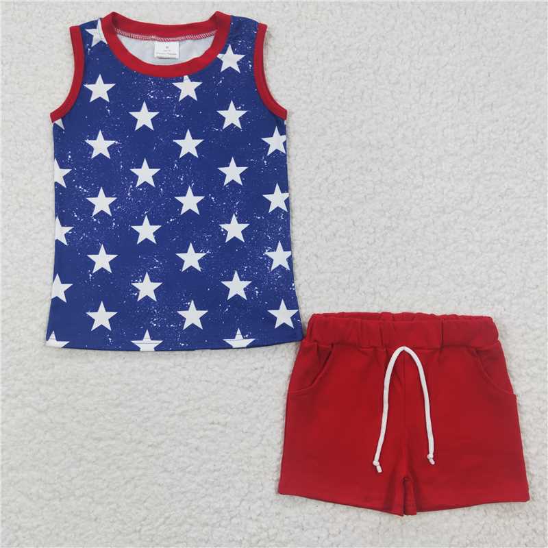 BSSO0220  Boys National Day Star Blue Sleeveless Shorts Set