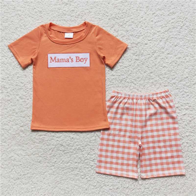 BSSO0228  Boys Embroidered Orange Short Sleeve Shorts Set