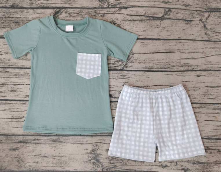 BSSO0236  Grass Green Pocket Short Sleeve Plaid Shorts Set