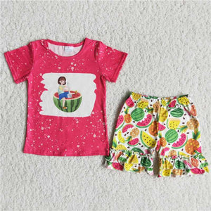 C0-2   Girls Watermelon Fruit Shorts Set