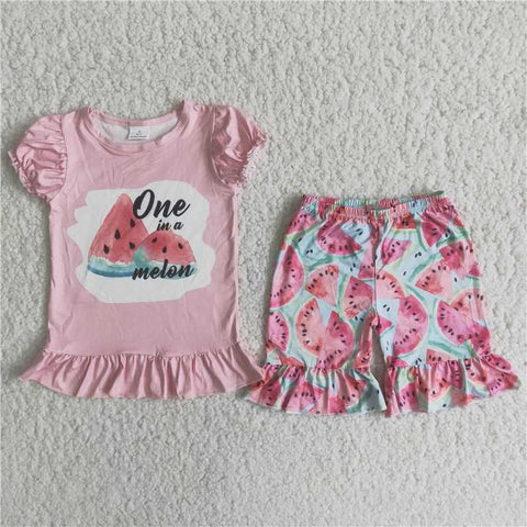 C1-23  Pink Watermelon Puff Sleeve Shorts Set