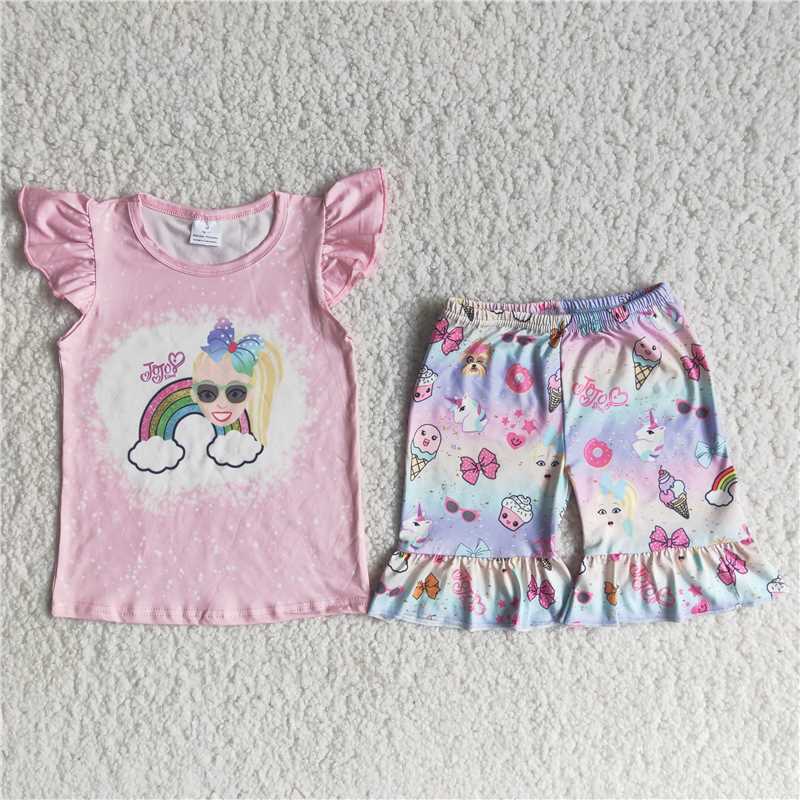 C14-18  Girls Pink Flying Sleeve Shorts Set