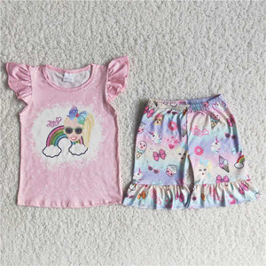 C14-18  Girls Pink Flying Sleeve Shorts Set