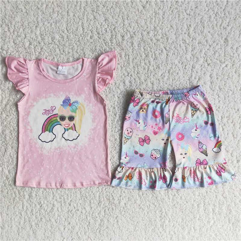 C14-18  Girls Pink Flying Sleeve Shorts Set
