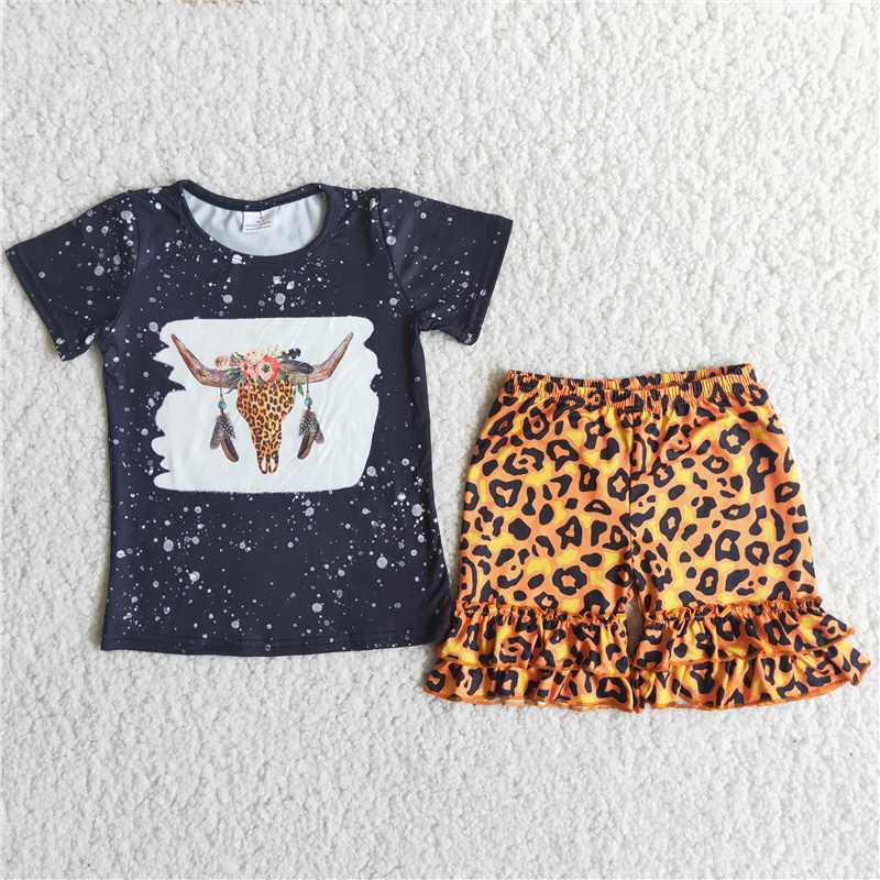C14-37   Flower bull head black top gold leopard shorts suit