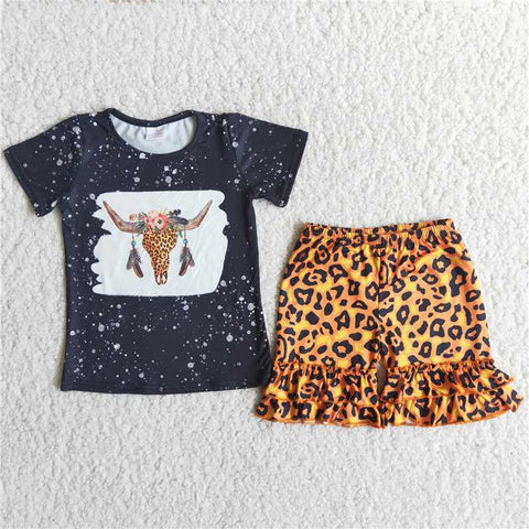 C14-37   Flower bull head black top gold leopard shorts suit