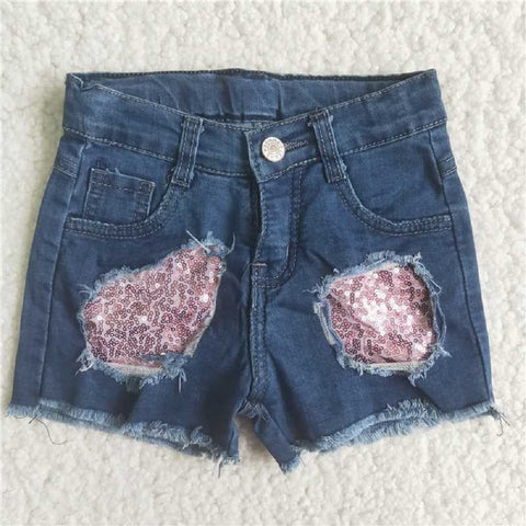 C15-13 Pink Sequin Patch Denim Shorts