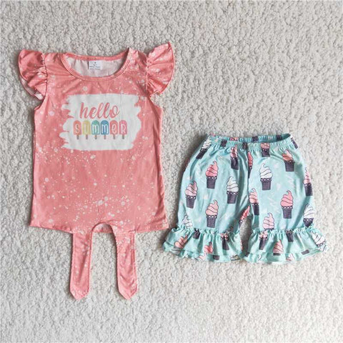 C15-24   Summer Flying Sleeve Colorful Ice Cream Shorts Set