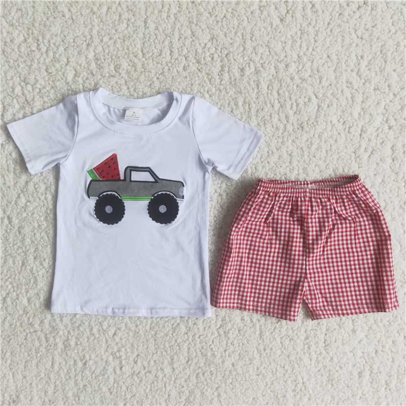 C15-3  Boys Watermelon Truck Red Check Woven Set