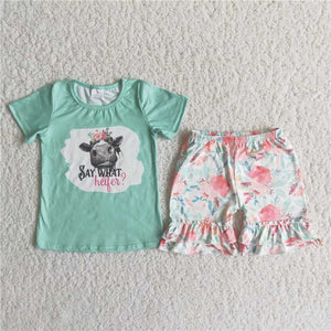 C4-16  Girls Cartoon Bull Head Green Short Sleeve Flowers Shorts Set