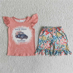 C4-24 Flower Truck Pink Fly-Sleeve Shorts Set