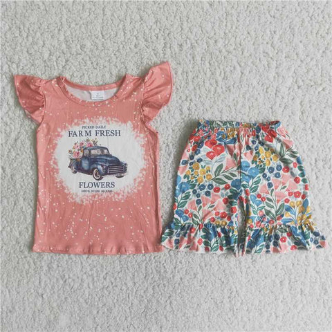 C4-24 Flower Truck Pink Fly-Sleeve Shorts Set