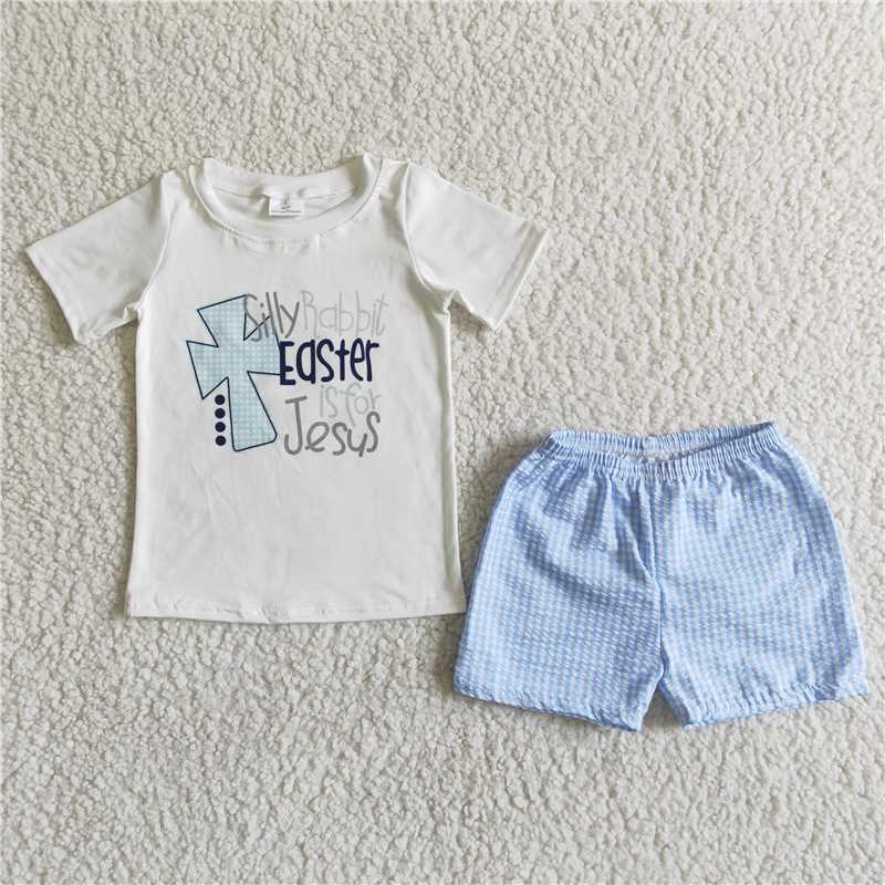 C4-3  Boys White Short Sleeve Blue Plaid Pants