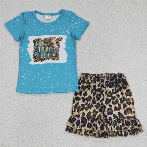 C5-16   Girl Cartoon Bull Head Blue Short Sleeve Leopard Print Shorts Set