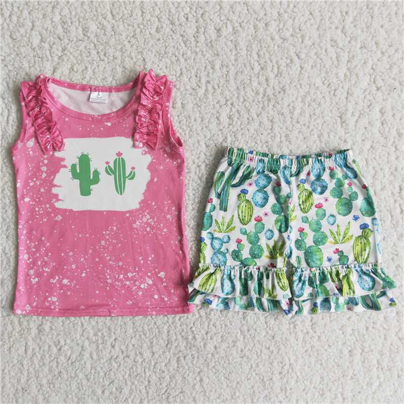 C5-4  Rose Red Sleeveless Top Cactus Shorts Set