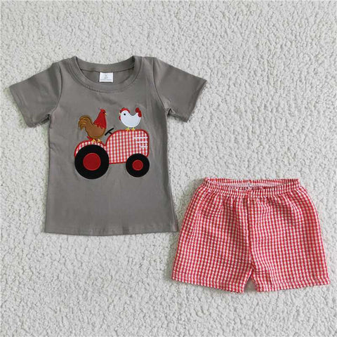 C6-4   Embroidered Truck Chicken Red Grid Set
