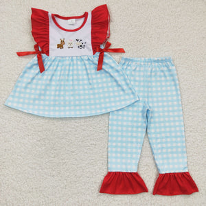 GSPO0381 Girls Embroidered Cow Blue Flying Sleeve Trousers Set