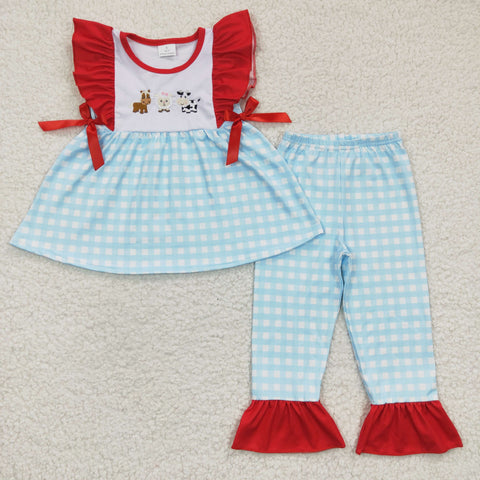 GSPO0381 Girls Embroidered Cow Blue Flying Sleeve Trousers Set