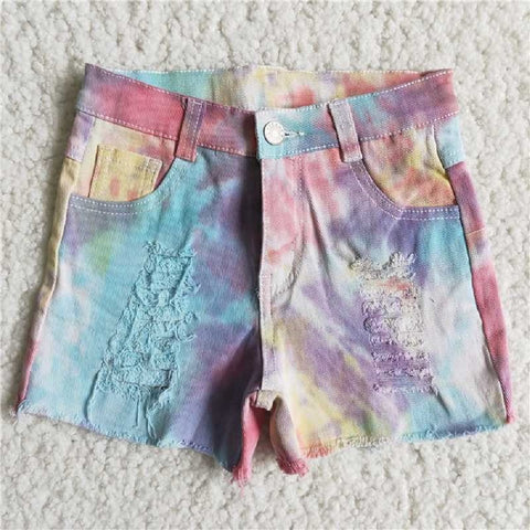D10-30 Tie Dye Button Frayed Summer Denim Shorts