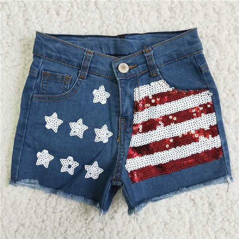 D11-15  Star red and white striped frayed denim shorts