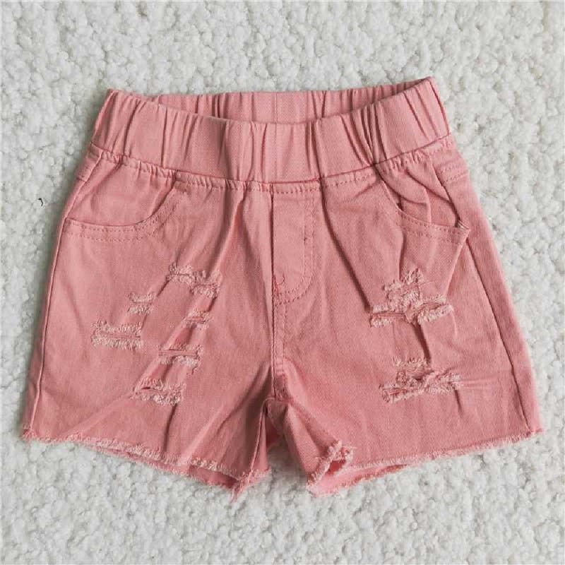 D13-13Pink Frayed Elastic Denim Shorts