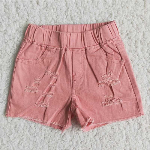 D13-13Pink Frayed Elastic Denim Shorts