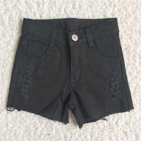 D13-15 Black Button Frayed Summer Denim Shorts