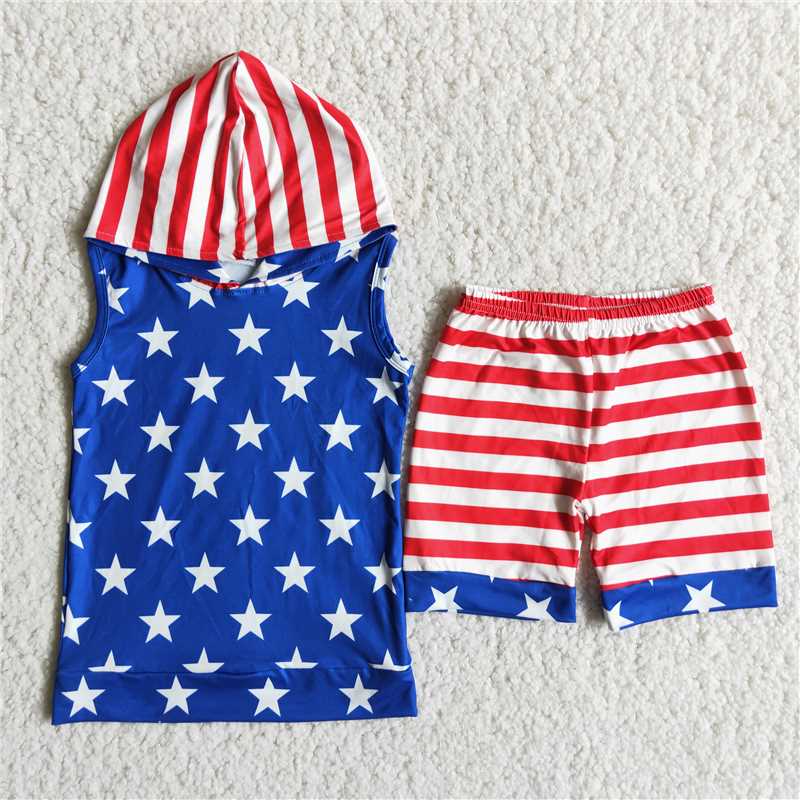 D13-30   Boys Sleeveless Hoodie Stars and Stripes Set