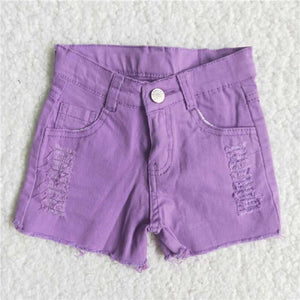 D13-4 Purple Button Frayed Summer Denim Shorts