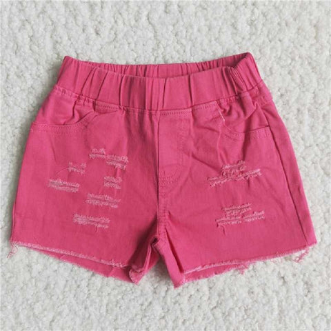 D13-5 Rose Red Frayed Elastic Denim Shorts