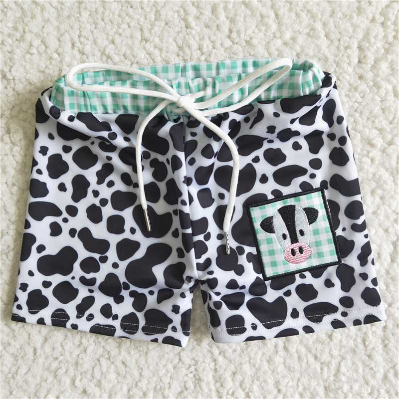 D14-4 Boys Embroidered Bull Head Leopard Swim Shorts