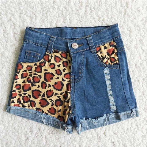 D5-14 Blue Denim Shorts with Leopard Print Buttons