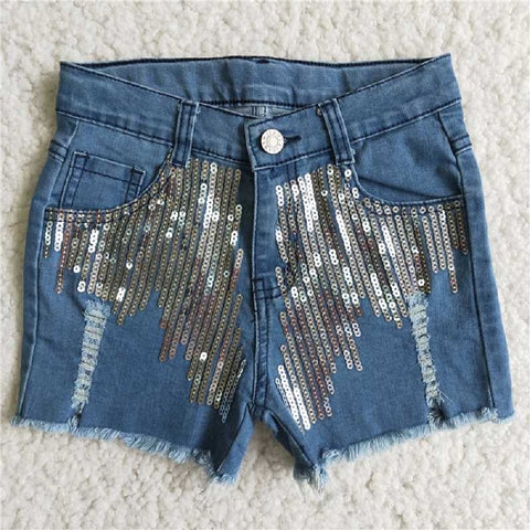 D7-4 Striped Button Blue Denim Shorts