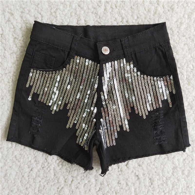 D8-4  Black Denim Sequin Shorts