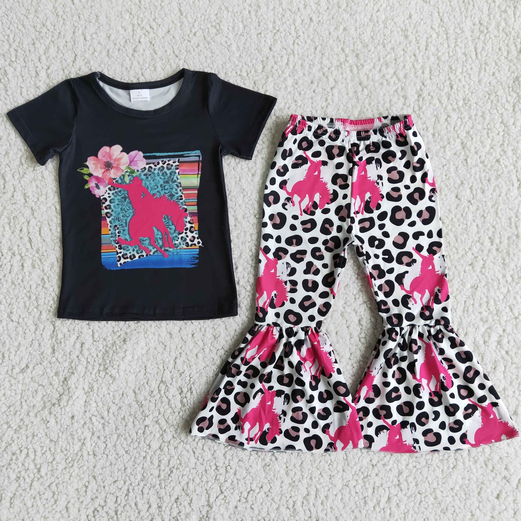 B1-27 Baby Girls Horse Short Sleeve and Leopard Bell Bottoms Pants Sets