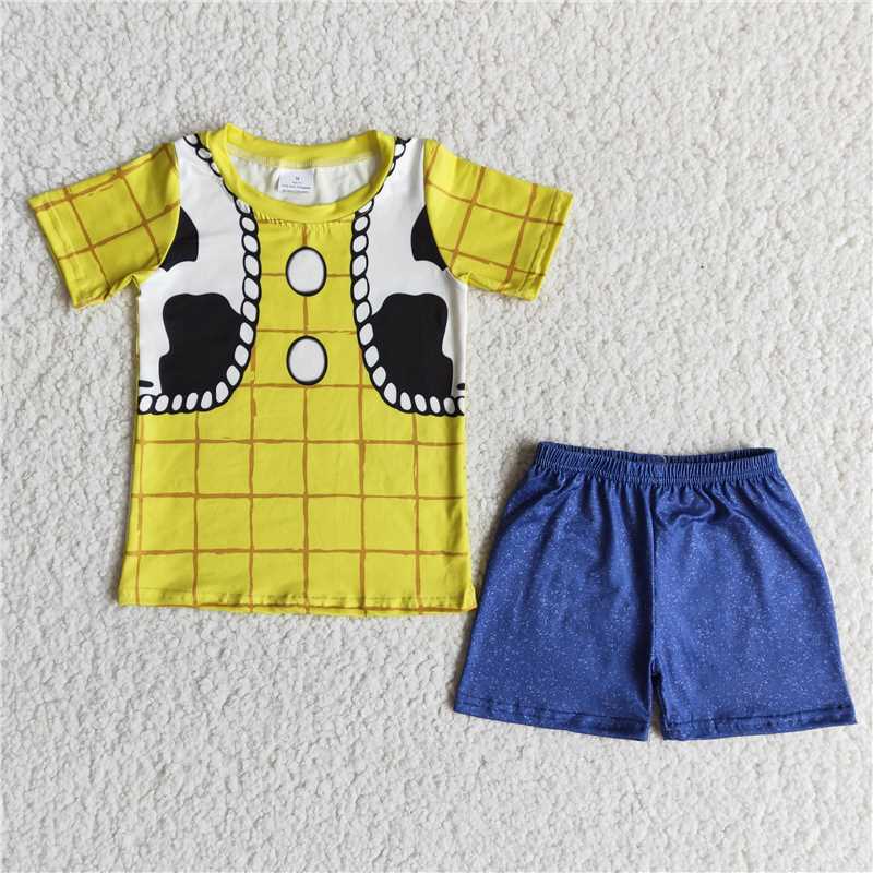 E10-30   Boys Cow Yellow Plaid Short Sleeve Shorts Set