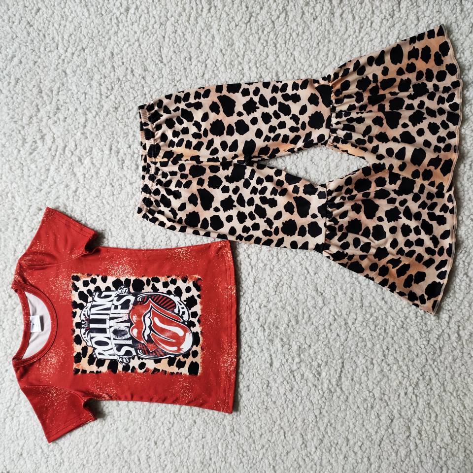 B0-1 Baby Girls Short Sleeve and Leopard Bell Bottoms Pants Sets