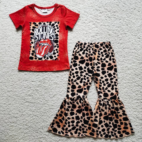 B0-1 Baby Girls Short Sleeve and Leopard Bell Bottoms Pants Sets