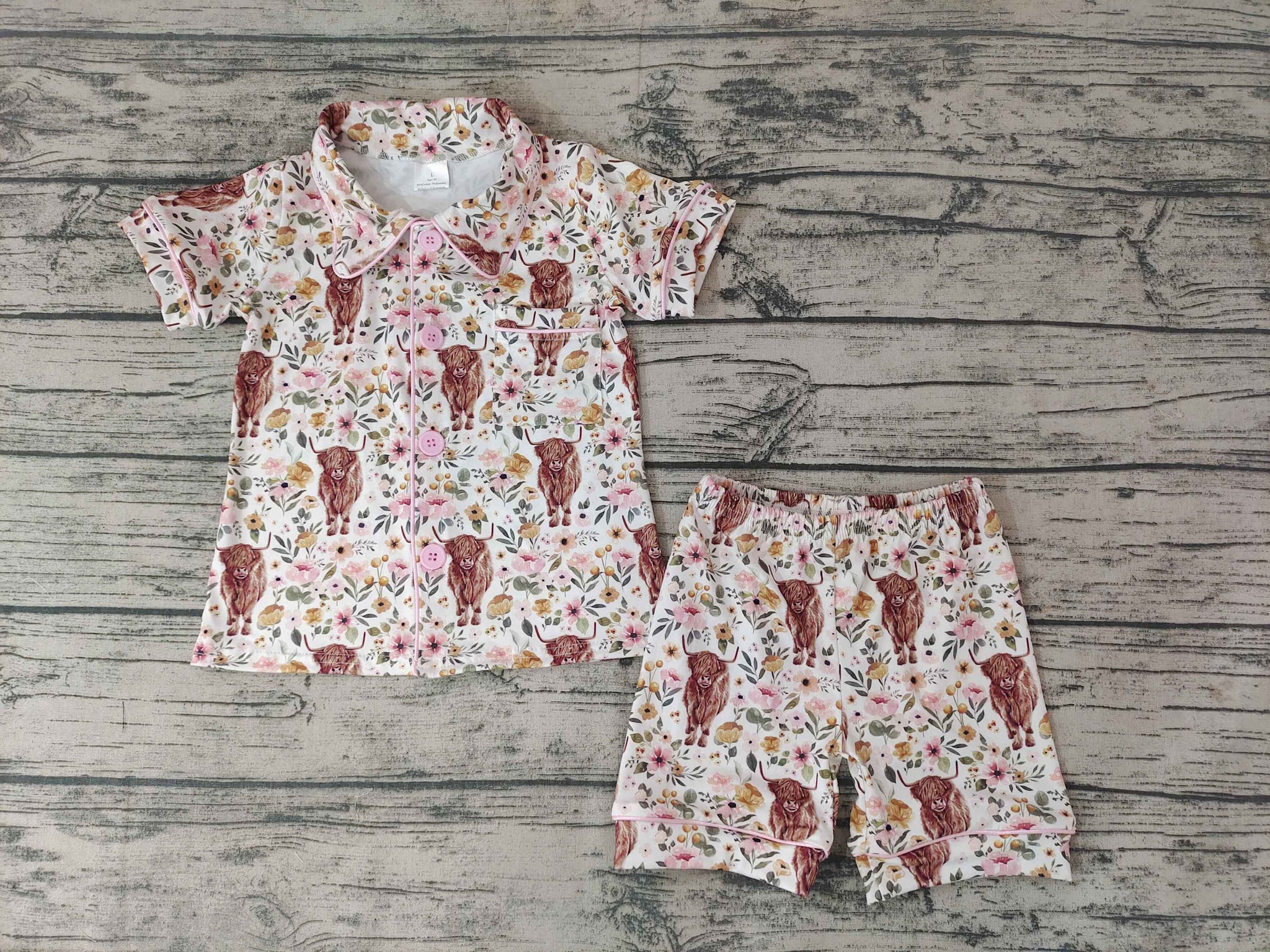 GSSO176 Girls Cow Flower Pink Pocket Short Sleeve Shorts Set
