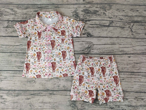 GSSO176 Girls Cow Flower Pink Pocket Short Sleeve Shorts Set