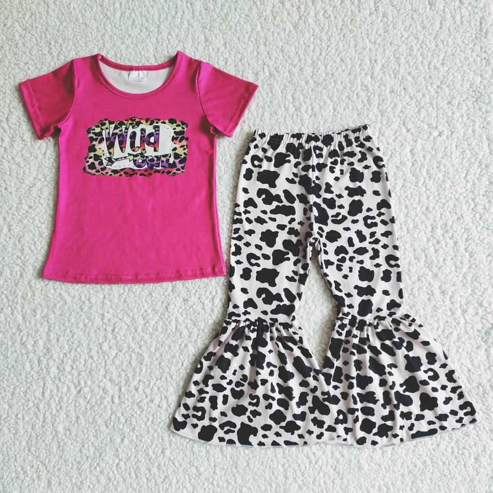 B7-30 Wild Child Baby Girls Short Sleeve and Leopard Bell Bottoms Pants Sets
