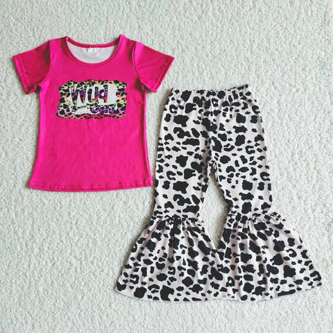 B7-30 Wild Child Baby Girls Short Sleeve and Leopard Bell Bottoms Pants Sets