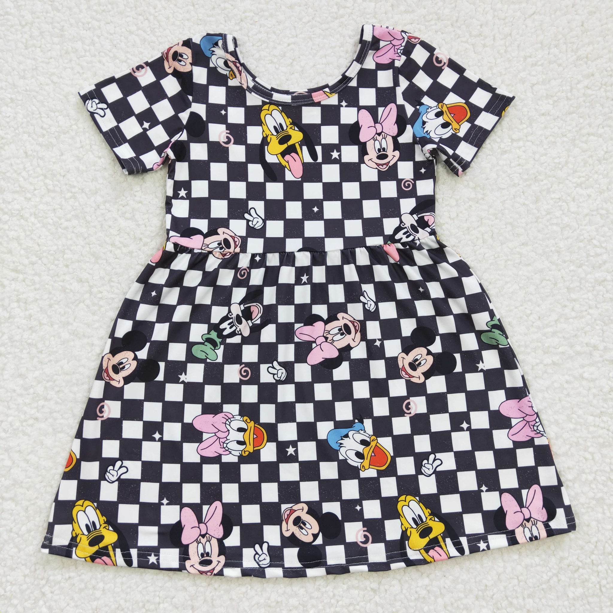 GSD0235 Girls CARTOON Black Plaid Short Sleeve Dress