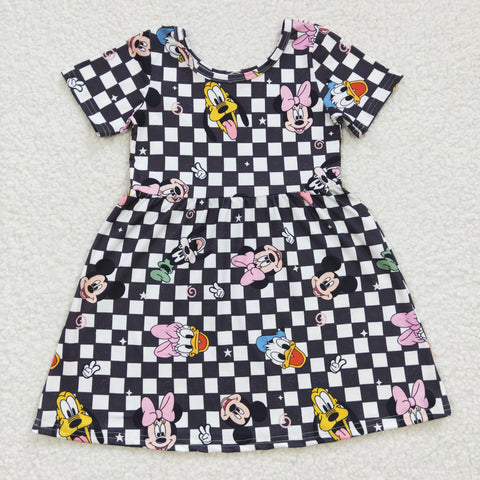 GSD0235 Girls CARTOON Black Plaid Short Sleeve Dress