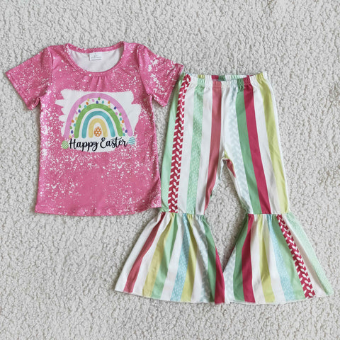 Happy Easter Western Style Designer Baby Girls Kids Short Sleeve and Bell Bottoms Sets